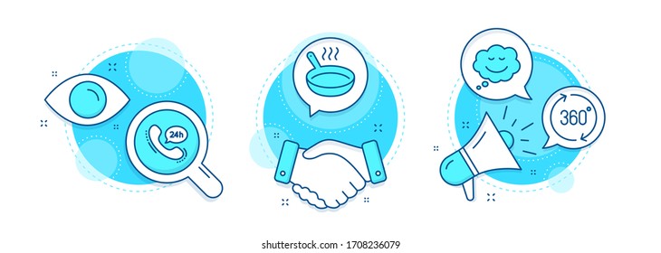 Speech bubble, Frying pan and 24h service line icons set. Handshake deal, research and promotion complex icons. 360 degrees sign. Comic chat, Cooking utensil, Call support. Full rotation. Vector