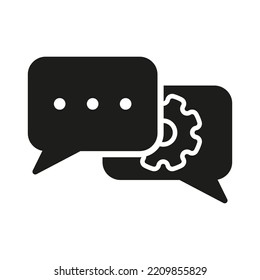 Burbuja de voz con pictograma de silueta de concepto de configuración de engranajes. Preferencias Chat Icono negro. Icono del servicio de llamadas de globo y rueda de Cog. Ilustración de vectores aislados.