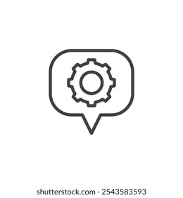 Ícone da linha da engrenagem da bolha da fala. sinal de estilo linear para conceito móvel e web design. Engrenagem dentro do ícone do vetor de contorno de balão. Feedback, símbolo de mensagens do sistema, ilustração do logotipo. Gráficos vetoriais
