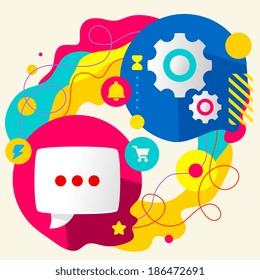 Speech bubble and gears on abstract colorful splashes background with different icon and elements. Internal mechanism, structure and operating principles. Flat  design for the web, banner, advertising