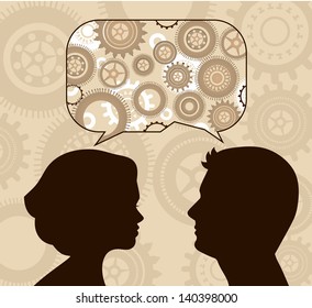 Speech bubble with gears and profiles