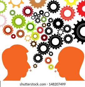 Speech bubble with gears and profiles