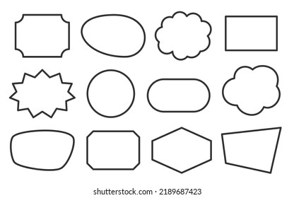 Speech bubble geometric shapes black line set. Outline cartoon abstract blank template for message balloon, note text box, price tag label, paper memory sticker, think cloud frame, web banner, badge