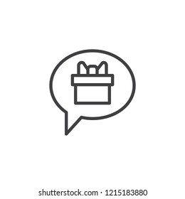 Speech bubble with gift box outline icon. linear style sign for mobile concept and web design. Christmas greeting message chat simple line vector icon. Symbol, logo illustration. Pixel perfect vector