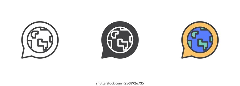 Speech bubble with globe icon. Language line and glyph version, outline and filled vector sign. linear and full pictogram. Symbol, logo illustration. Different style icons set