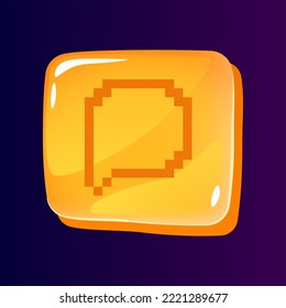 Speech bubble glossy ui button with pixelated icon. Communication. Editable 8bit graphic element on shiny square shape. Isolated vector user interface image for web, mobile. Retro style game design