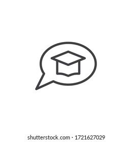 Speech bubble with graduation cap line icon. linear style sign for mobile concept and web design. E-learning chat message outline vector icon. Symbol, logo illustration. Vector graphics
