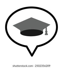 Speech bubble and graduation hat icon in grey scale isolated on white background.