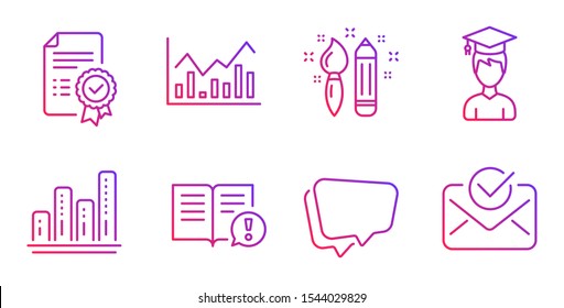 Speech bubble, Graph chart and Facts line icons set. Infochart, Creativity and Student signs. Certificate, Approved mail symbols. Chat message, Growth report. Education set. Vector