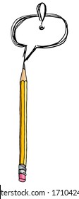 Speech bubble and graphite pencil isolated over white. Stationery hand drawn vector doodle illustration blank frame. Brainstorm idea concept.