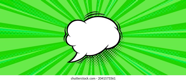 Speech bubble in green halftone background. Promotion banner template with cloud speech bubble in comic style. Vector illustration