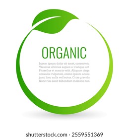 Speech bubble with green leaf, textbox design for organic product description. Circular web border template for information about cosmetics goods. Vector flat illustration isolated on white background