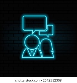 Burbuja de discurso y grupo de Personas Icono de línea. estilo neón. Charla de Equipo, Pictograma Lineal de Discusión. Tres Hombres Hablando Símbolo De Contorno. Signo De Conversación En La Reunión. Trazo Editable. Ilustre Vector aislado