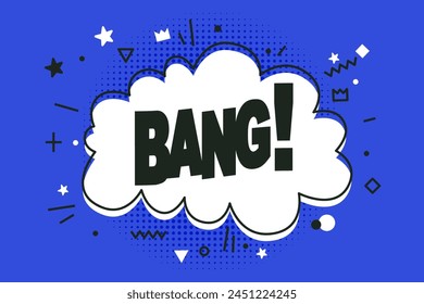 Speech bubble with halftone shadow and doodles on blue background. Expression ballon with text Bang. Vector illustration, vintage design, pop art