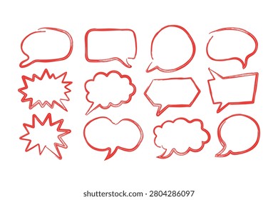Speech bubble hand drawn doodle set sketch vector illustration in red brush stroke style