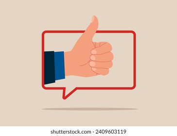 Burbuja del habla con gesto de mano hacia arriba. Concepto de aprobación, acuerdo. Ilustración vectorial plana