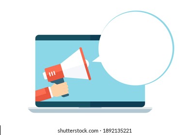 Speech bubble with hand holding megaphone coming out from laptop. Flat design vector template for business, discount shopping, sale promotion and advertising.