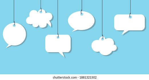 Speech bubble hanging icon on blue background.