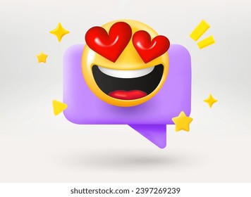 Speech bubble with happy emoji. Fall in love concept. 3d vector illustration
