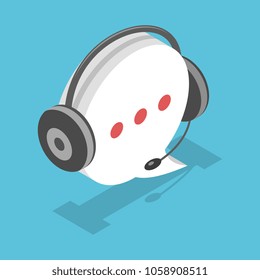 Speech bubble with headset icon, as concept of support service, flat isometric vector.