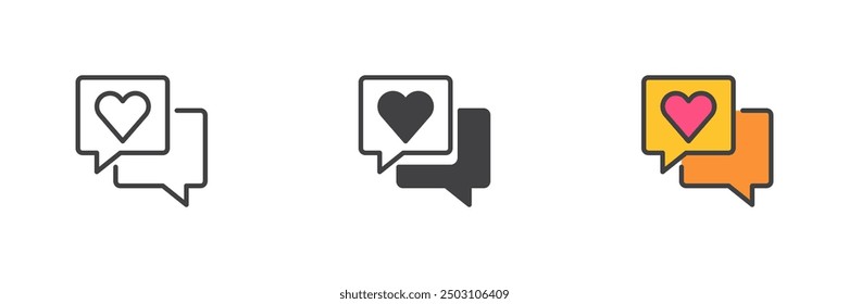 Speech bubble with heart different style icon set. Line, glyph and filled outline colorful version, outline and filled vector sign. Love message symbol, logo illustration. Vector graphics