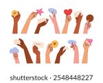 Speech bubble, heart, and emoji in hands, set. Communication concept. Giving feedback, sharing opinion, commenting. Holding, showing reactions. Flat vector illustration isolated on white background