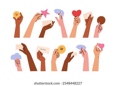 Speech bubble, heart, and emoji in hands, set. Communication concept. Giving feedback, sharing opinion, commenting. Holding, showing reactions. Flat vector illustration isolated on white background