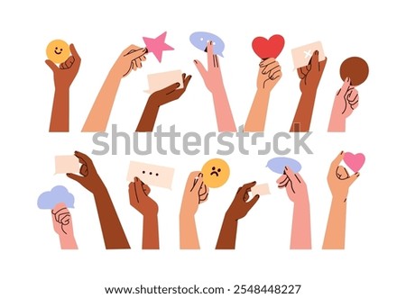 Speech bubble, heart, and emoji in hands, set. Communication concept. Giving feedback, sharing opinion, commenting. Holding, showing reactions. Flat vector illustration isolated on white background