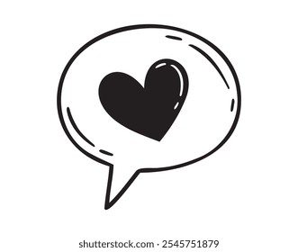 Speech bubble with a heart hand drawn line doodle style. Isolated love heart message. Vector illustration