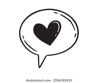 Speech bubble with a heart hand drawn line doodle style. Isolated love heart message. Vector illustration