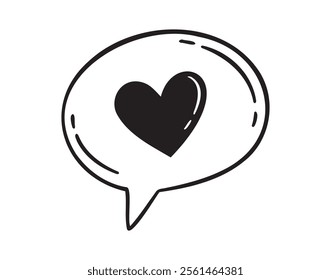 Speech bubble with a heart hand drawn line doodle style. Isolated love heart message. Vector illustration