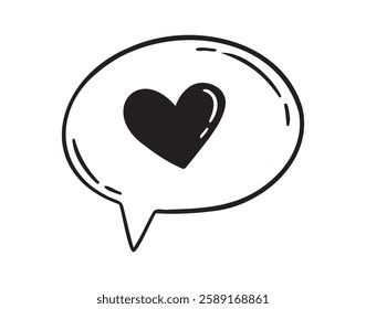 Speech bubble with a heart hand drawn line doodle style. Isolated love heart message. Vector illustration