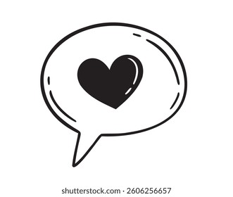Speech bubble with a heart hand drawn line doodle style. Isolated love heart message. Vector illustration