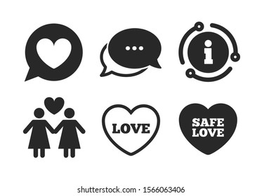 Speech bubble with heart icon. Chat, info sign. Lesbians couple sign. Female love female. Heart symbol. Classic style speech bubble icon. Vector