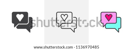 Speech bubble with heart icon. Line, solid and filled outline colorful version, outline and filled vector sign. Love chat message symbol, logo illustration. Different style icons set
