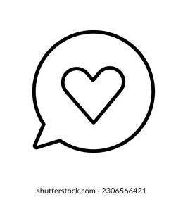Speech bubble with heart icon on white background, vector isolated linear illustration. Like heart follow social media mark symbol on speech bubble chat. Valentines day symbol. Love sign