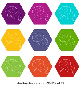 Speech bubble heart icons 9 set coloful isolated on white for web