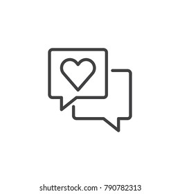 Speech bubble with heart line icon, outline vector sign, linear style pictogram isolated on white. Love message symbol, logo illustration. Editable stroke