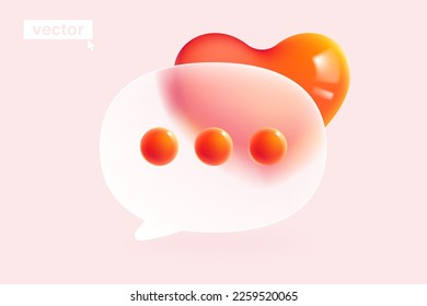 Speech bubble with heart logo in glassmorphism style. Social media icon. Vector template for Valentine's Day or Mother's Day banner, medical art, wedding presentation, dating app, gift adv