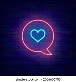 Speech bubble with heart neon icon. Love declaration. Social media communication. Happy Valentines Day. Outer glowing effect banner. Luminous label. Editable stroke. Isolated vector stock illustration