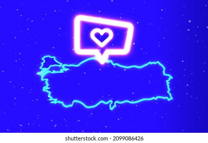 Speech bubble heart neon special collection with Turkey map. Download the unique super glowing neon country map with heart vector. light burst. Cool linear neon with design element icon.