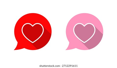Burbuja del discurso con el icono del contorno del corazón. Conversación romántica y símbolo de comunicación de amor con sombra larga
