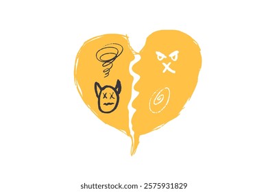 Speech bubble in heart shape with abstract sign. Curse crayon doodle abstract symbol. Bad bulling expression on chat dialog cloud. Broken heart. Vector hand drawn illustration