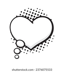 Speech bubble heart shape with dots rays in pop art style. Comic style dialog balloon template. Hand Drawn vector illustration with outline. Isolated on white background