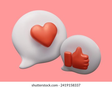 Speech bubble with heart sign, thumb up. Realistic illustration on bright background