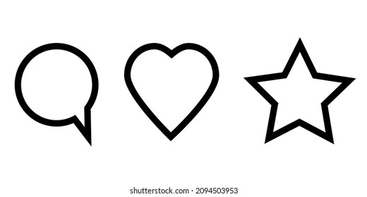 Burbuja del habla, icono del corazón y la estrella. Conjunto de diseño. Esbozo de silueta. Arte creativo. Ilustración vectorial. Imagen de archivo. 
