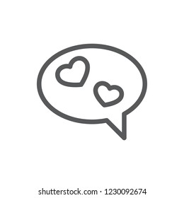 Speech bubble with hearts line icon with editable stroke - isolated vector illustration of pixel perfect outline symbol of conversation of people in love for Valentines day congratulation concept.