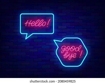 Speech bubble with hello and goodbye neon lettering. Shiny calligraphy. Glowing quote. Online messaging. Outer glowing effect banner. Smm. Luminous label. Editable stroke. Vector stock illustration