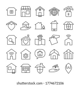 speech bubble and home icon set over white background, line style, vector illustration