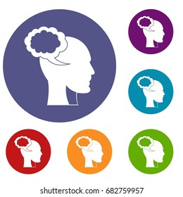 Speech bubble with human head icons set in flat circle red, blue and green color for web
